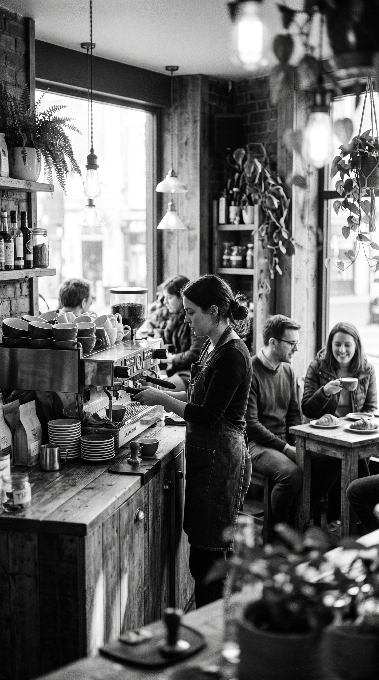 A barista pulling a coffee in a busy independent café