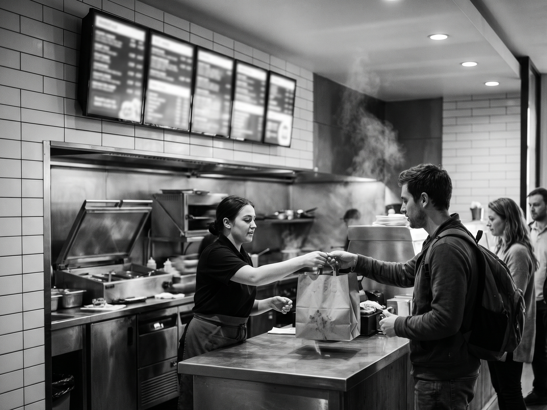 Staff serving at a takeaway counter beneath digital menu boards